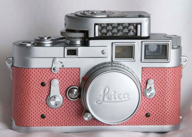 Pink Leica: Paul Cuthbert, owns this Leica with paradise pink snake skin detail from 1956 – the only camera of its kind in the world.